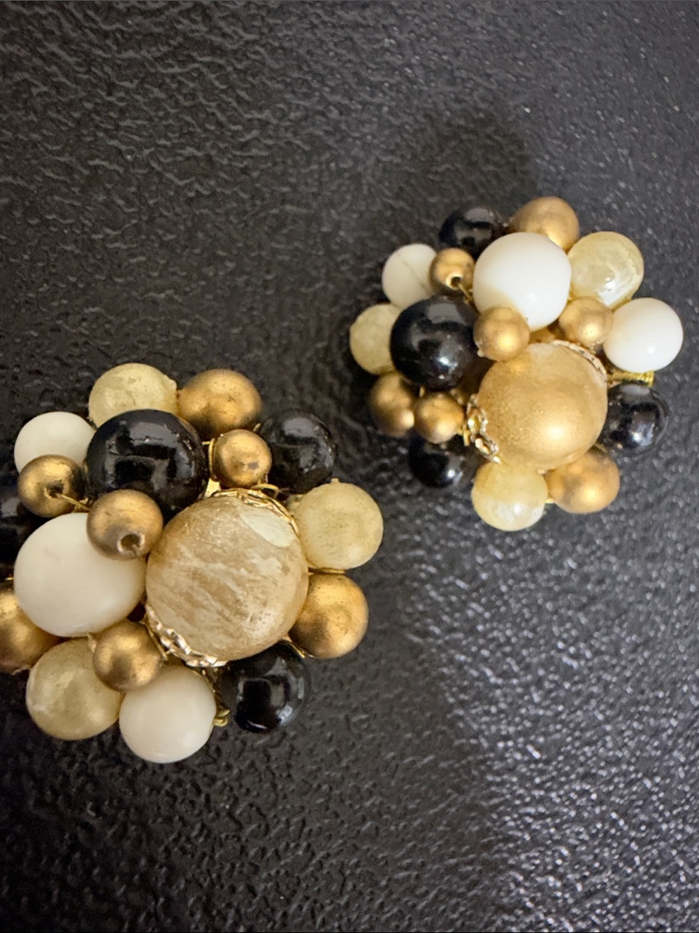 Japan Vintage Cluster Bead Clip-On Earrings - Gold, Black & White